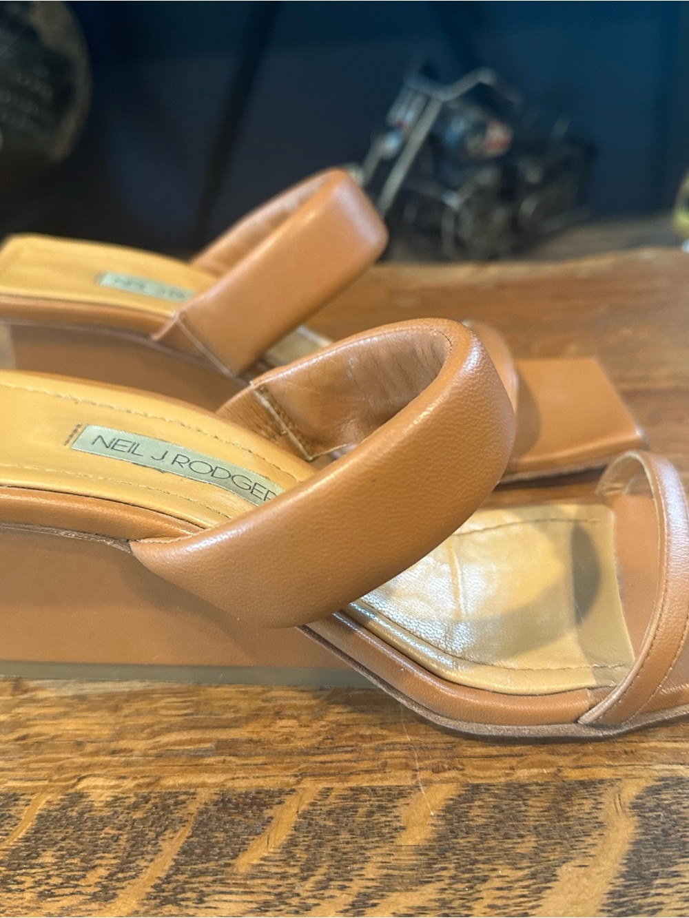 Neil J. Rodgers Minimalist Tan Square-Toe Slide Heels - Picture 5 of 7